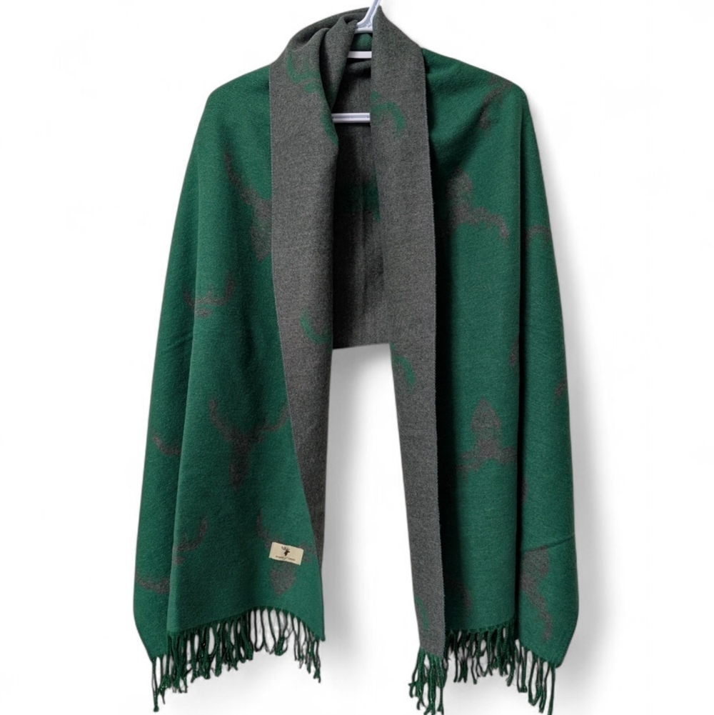 House Of Tweed Super Soft Reversible Stag Scarf Wrap With Fringed Hem